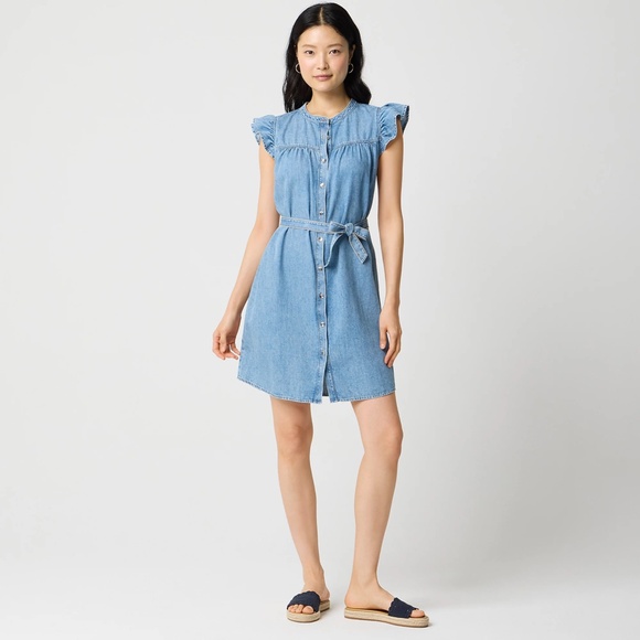 New JCREW Size 14 Ruffle Sleeve Denim Mini Dress in English Blue Wash $118 CK540 - Picture 2 of 5
